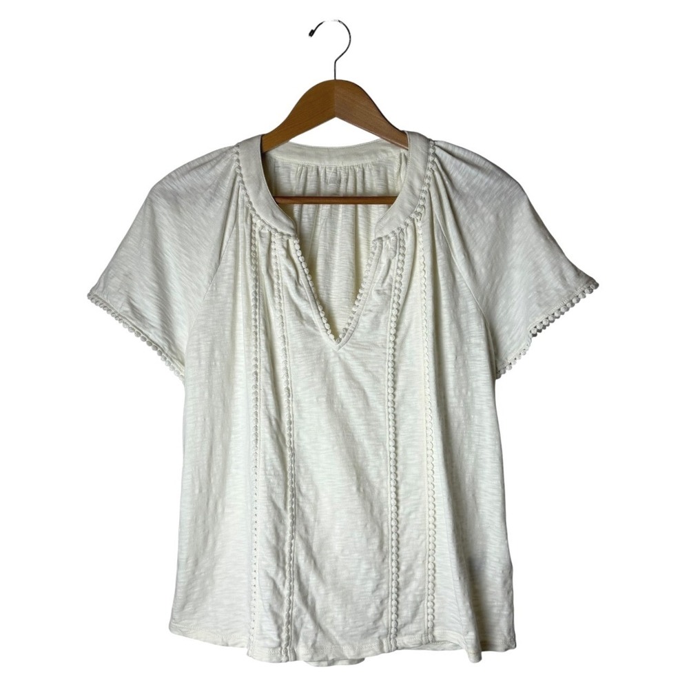 Lands' End Slub Notch Neck Tee Women Small Ivory Pom Pom Trim Cotton Top Boho